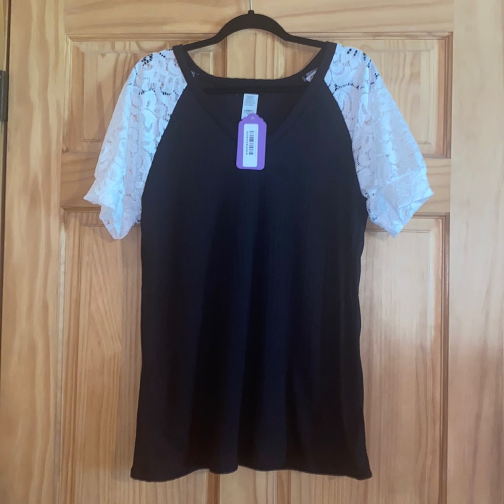 Black v neck top with lace sleeves